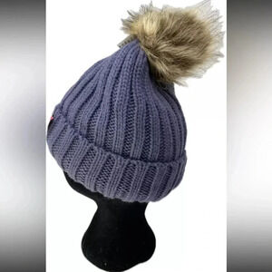 Knit Crochet Hat with Faux Fur Pom Pom Fleece Lining Gray Women One Size
